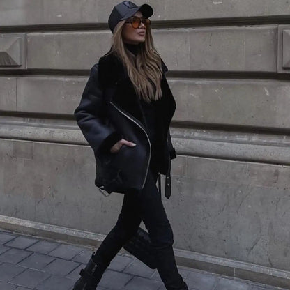 Faux Fur Jacket with Belt Streetwear Female Moto Biker Loose Thicken
