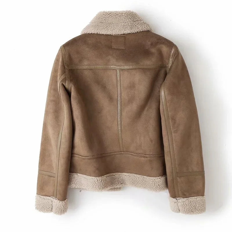 Faux Shearling Sheepskin Leather Jackets Lady Thick Warm Suede Lambs Motorcycle Brown Coats Mujer Chaqueta