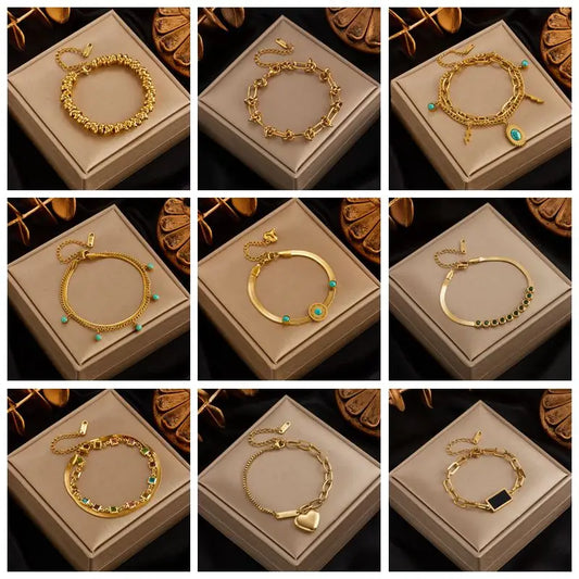 MEYRROYU 316 Stainless Steel Vintage Green Stone Heart Tassel Multilayer Charm Bracelet for Women Wedding Jewelry Beach брелок