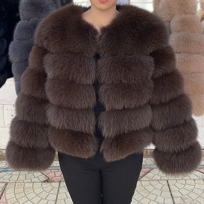 100% Fox Fur Coat Women's Fashion Brown