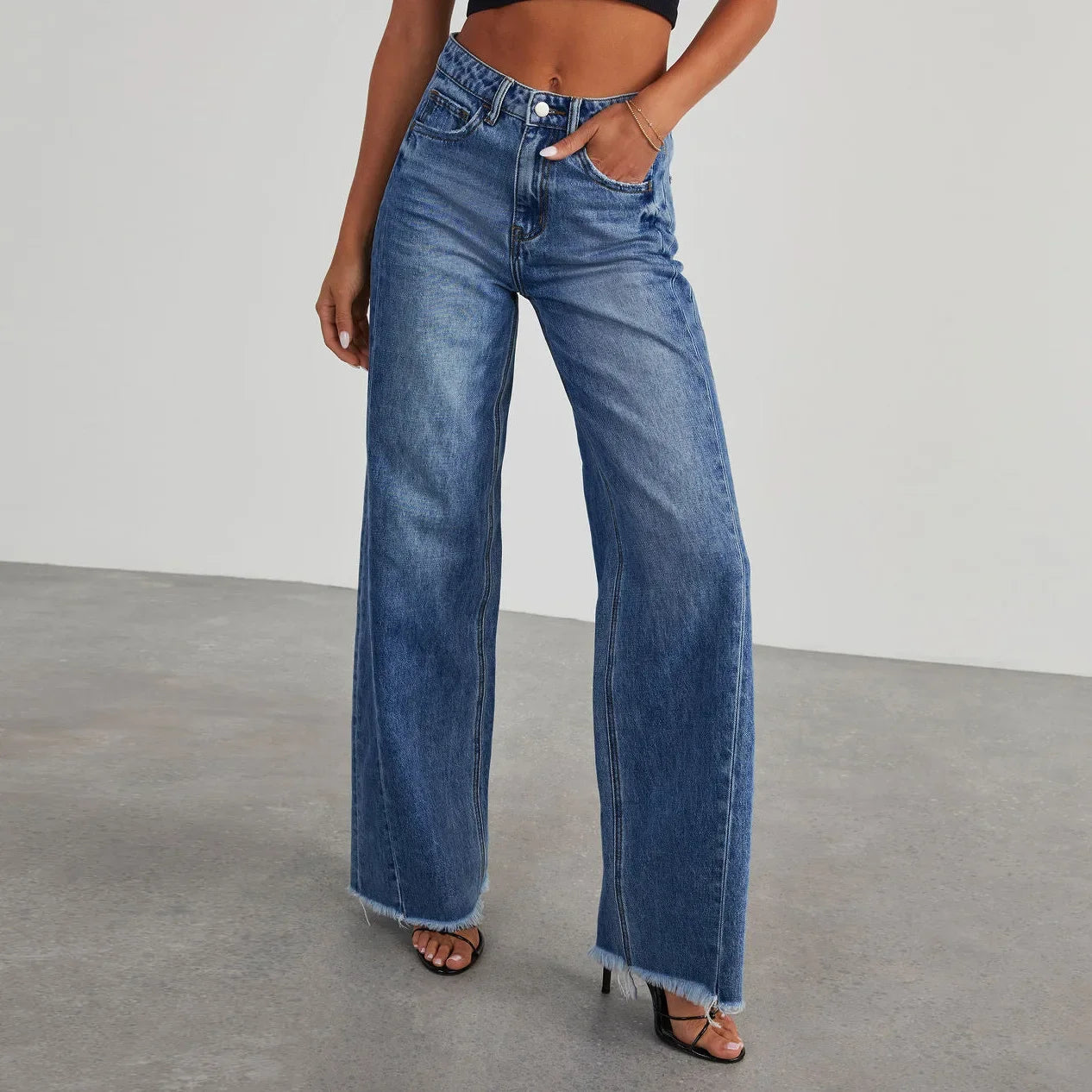 High-waisted Straight-leg Furred Jeans, Women's New Fashion High-waisted Wide-leg Pants