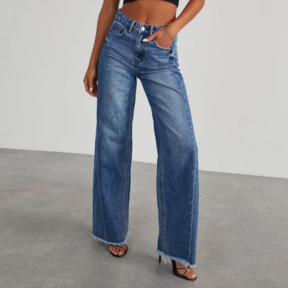 High-waisted Straight-leg Furred Jeans, Women's New Fashion High-waisted Wide-leg Pants