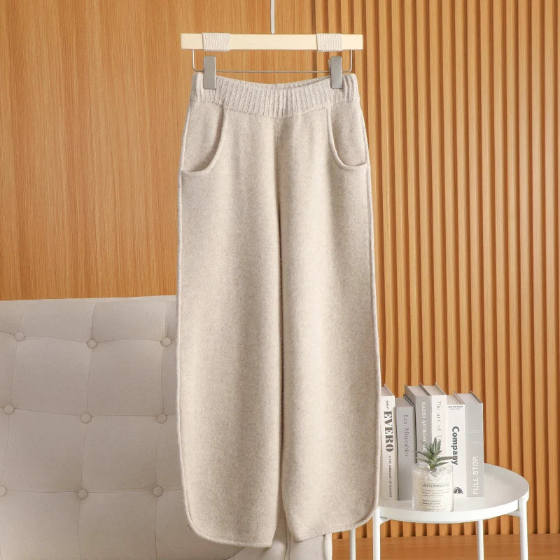 100% Wool Pants For AutumnWinter Warm French Fashion Solid Color Elastic waist pocket knitted Pants