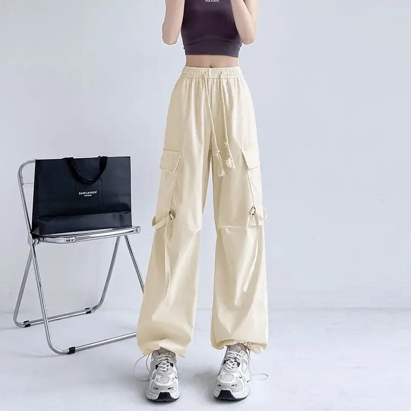Cargo Pants for Women with Pockets Pink Loose Woman Trousers Wide Leg Spring Autumn Cotton Vintage Elastic Casual All Medium 90s