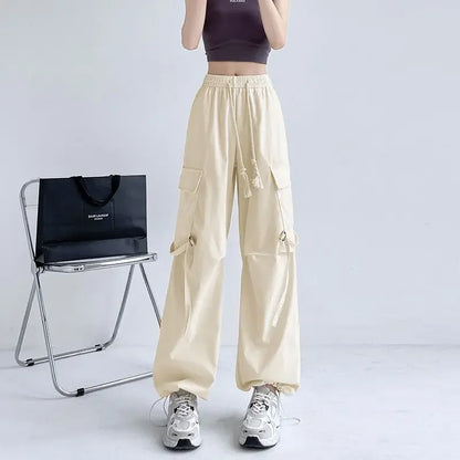 Cargo Pants for Women with Pockets Pink Loose Woman Trousers Wide Leg Spring Autumn Cotton Vintage Elastic Casual All Medium 90s