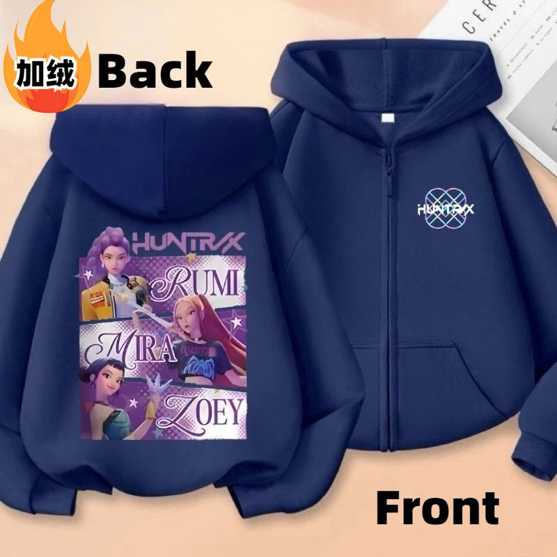 KPop Demon Hunters Rumi Mira Zoey Secondary Cartoon Printed Casual Fleece Jacket Creative Anime Peripheral All-match Hooded Top