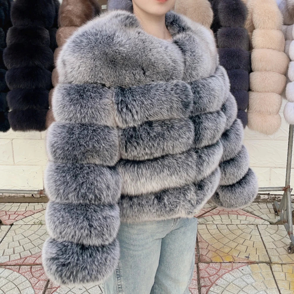 100% Fox Fur Coat Women's Fashion Brown