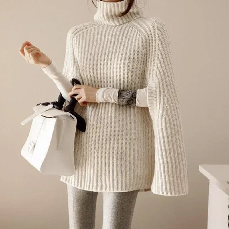 Batwing Knitted Tops Loose Oversize Sweater Korean Women Cloak Poncho Female Sexy Turtleneck Sweaters Khaki
