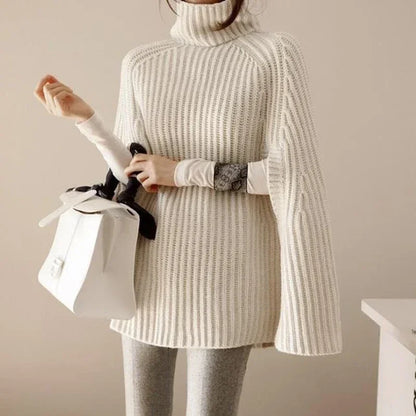 Batwing Knitted Tops Loose Oversize Sweater Korean Women Cloak Poncho Female Sexy Turtleneck Sweaters Khaki