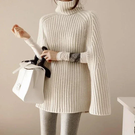 Batwing Knitted Tops Loose Oversize Sweater Korean Women Cloak Poncho Female Sexy Turtleneck Sweaters Khaki