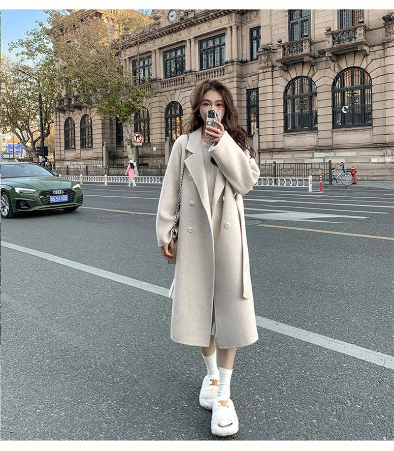 100% Wool Coat Women's Temperament Double sided Cashmere Coats with Belt Elegant Long Overcoat