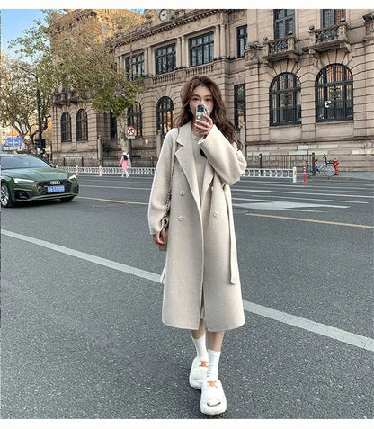 100% Wool Coat Women's Temperament Double sided Cashmere Coats with Belt Elegant Long Overcoat