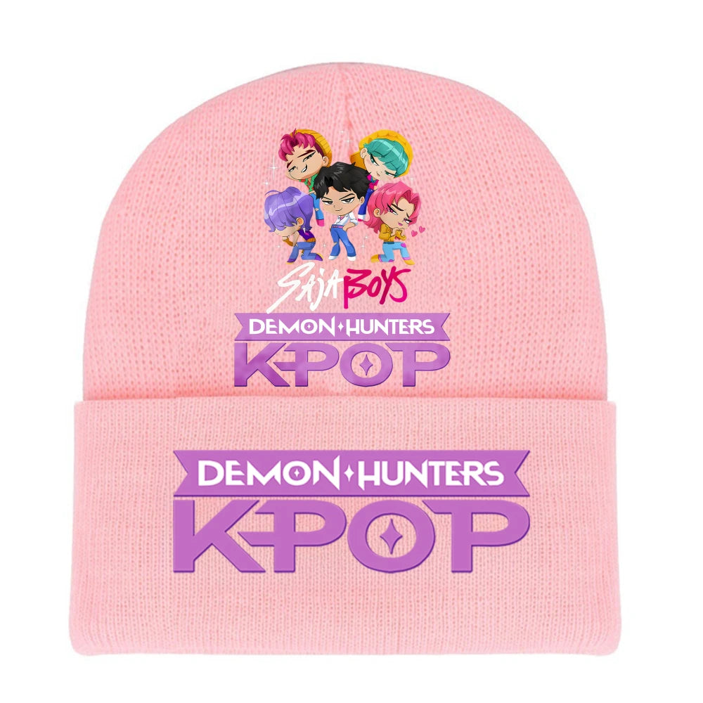 K-pop Demon Hunters Children Knit Hat Kawaii Cartoon Printed Beanie Autumn Girls Winter Outdoor Sports Warm Hat Birthday Gifts