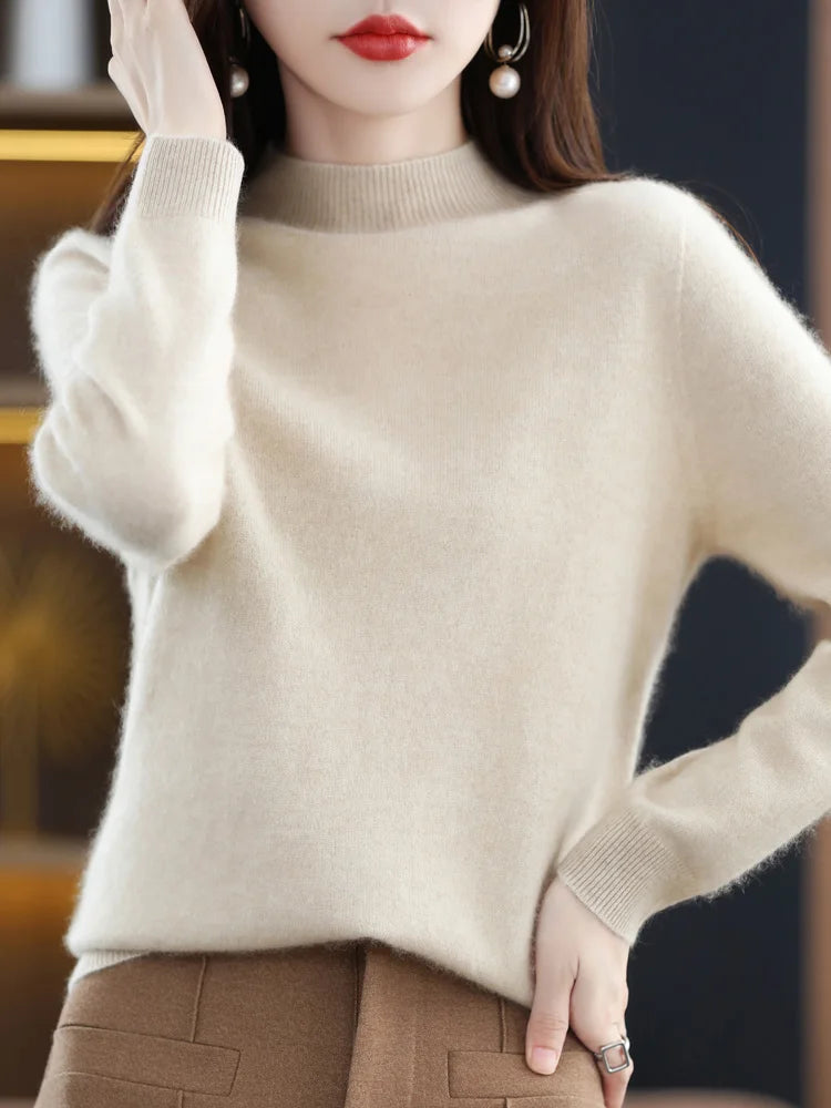100% Merino Wool Sweater Mock-Neck Cashmere Pullover Long Sleeve