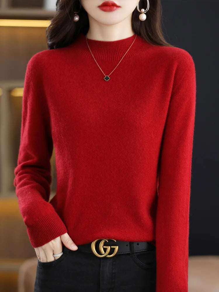 100% Merino Wool Sweater Mock-Neck Cashmere Pullover Long Sleeve