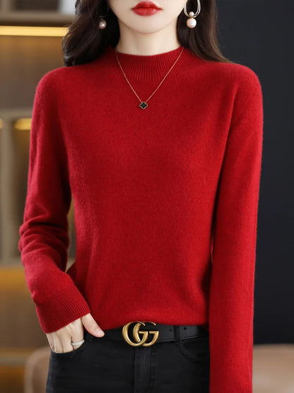 100% Merino Wool Sweater Mock-Neck Cashmere Pullover Long Sleeve