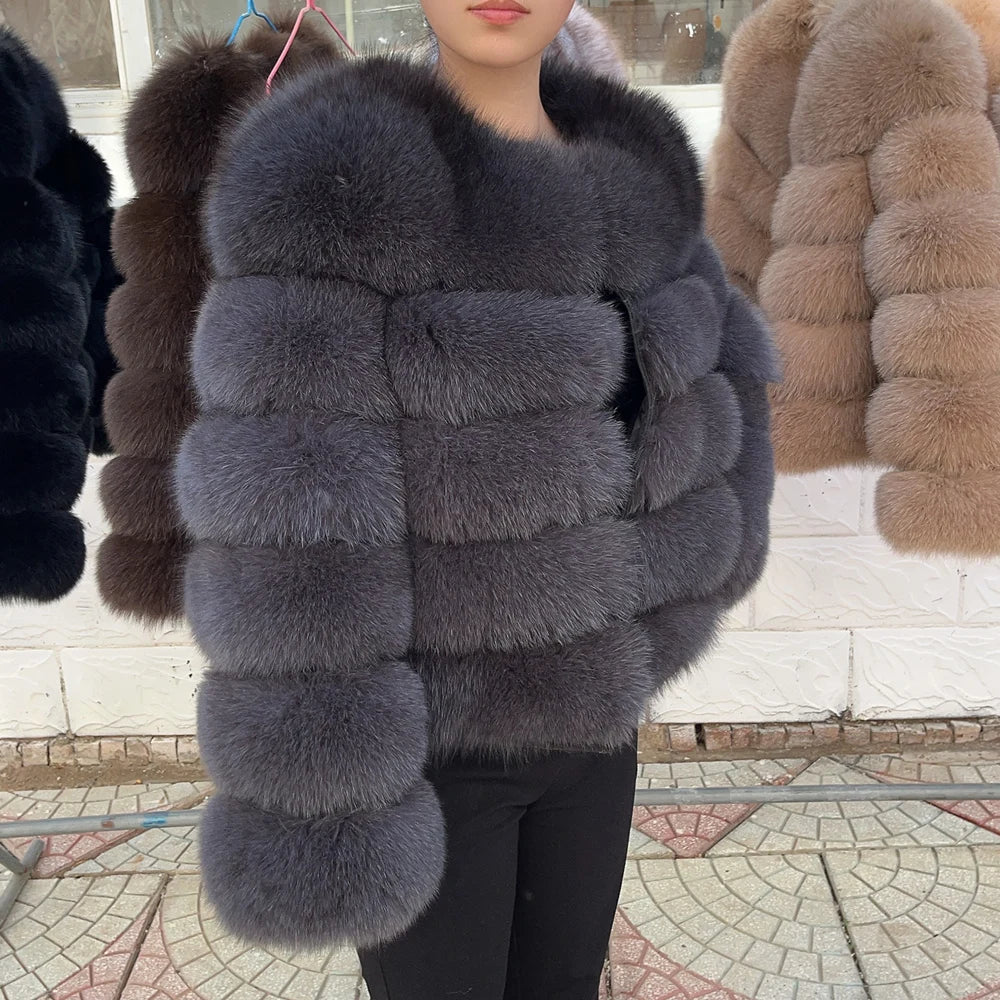 100% Fox Fur Coat Women's Fashion Brown