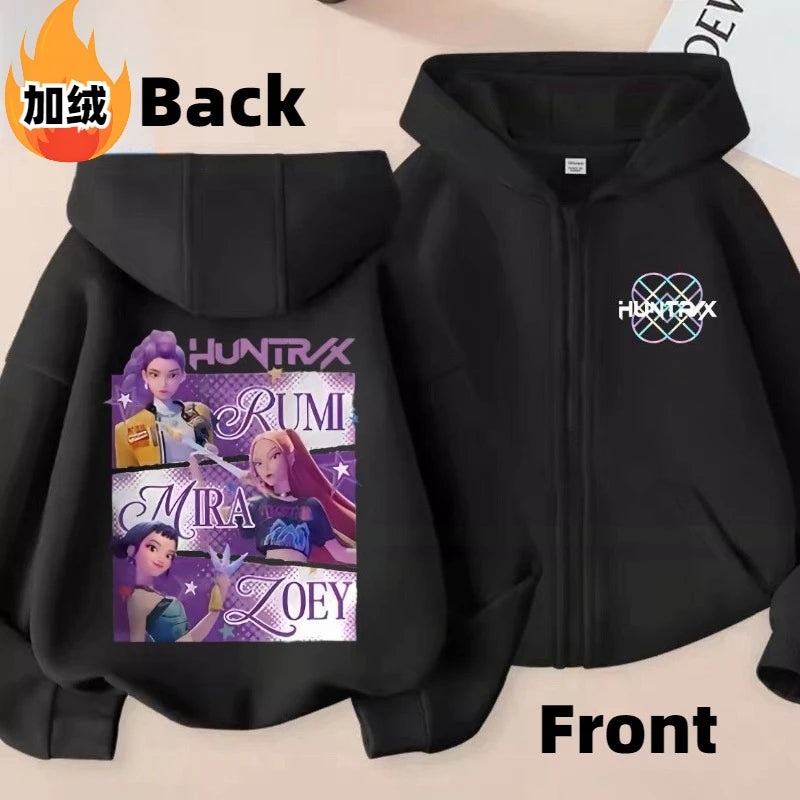 KPop Demon Hunters Rumi Mira Zoey Secondary Cartoon Printed Casual Fleece Jacket Creative Anime Peripheral All-match Hooded Top