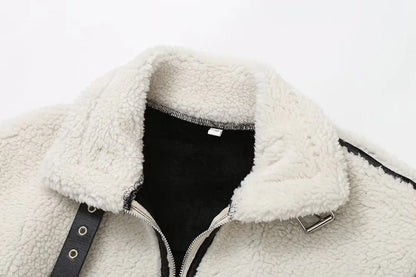 High Street Fashion Biker Jacket European and American Style Casual Fur One-piece Lamb Fur Clash Colour Warm Coat