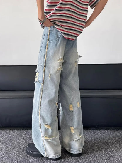 2025 Ropa Y2K Grunge Washed Blue Baggy Stacked Ripped Jeans Pants For Men Clothing Wide Leg Vintage Long Trousers Pantalon Homme