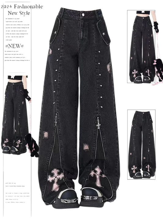 Black Gothic Jeans 90s Aesthetic Y2k Oversize Denim Trousers Vintage Harajuku Korean Emo 2000s Trashy Jean Pants
