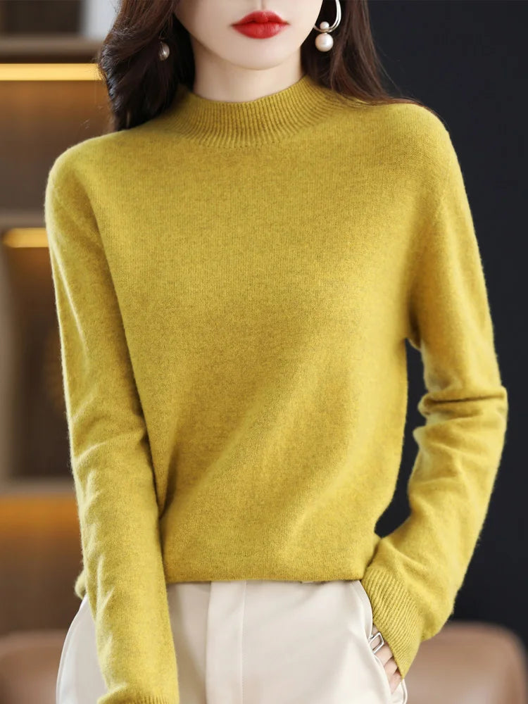 100% Merino Wool Sweater Mock-Neck Cashmere Pullover Long Sleeve