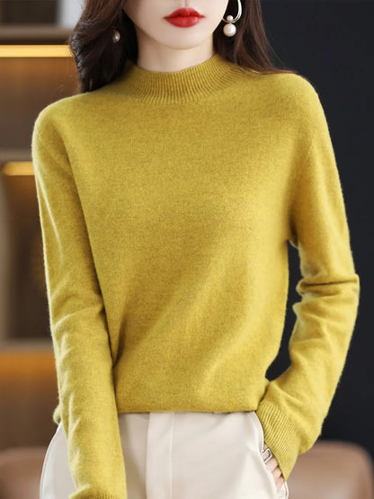 100% Merino Wool Sweater Mock-Neck Cashmere Pullover Long Sleeve