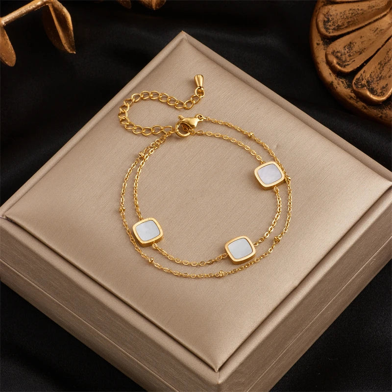 MEYRROYU 316 Stainless Steel Vintage Green Stone Heart Tassel Multilayer Charm Bracelet for Women Wedding Jewelry Beach брелок