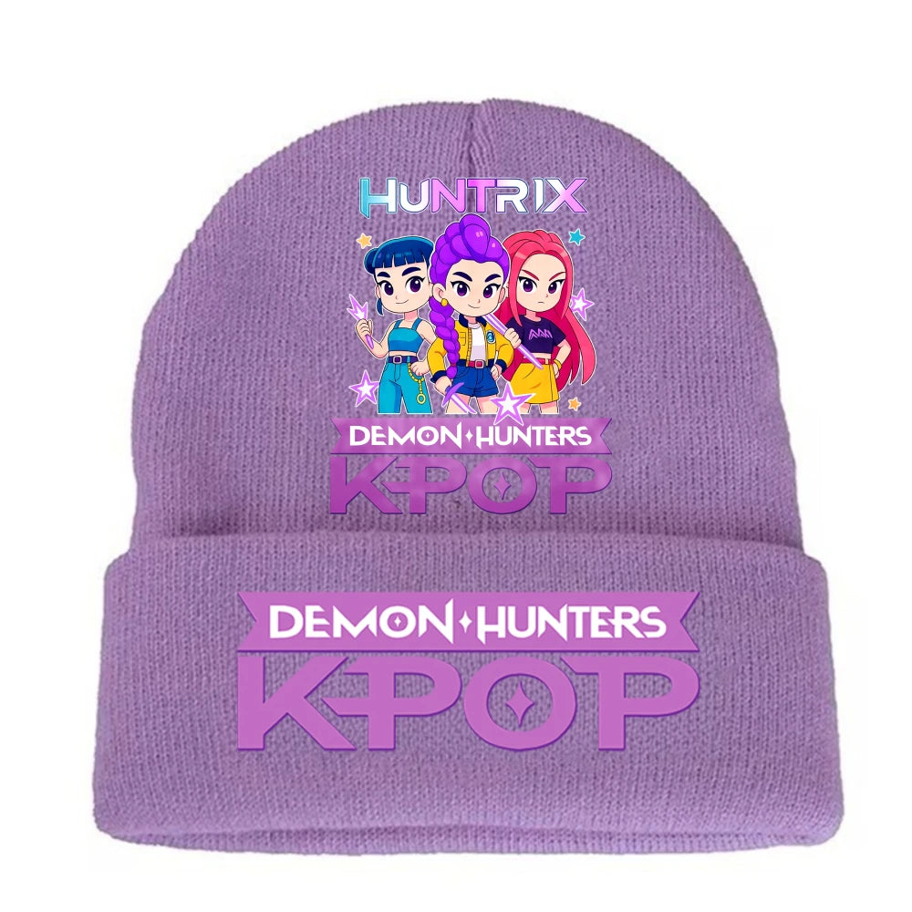 K-pop Demon Hunters Children Knit Hat Kawaii Cartoon Printed Beanie Autumn Girls Winter Outdoor Sports Warm Hat Birthday Gifts