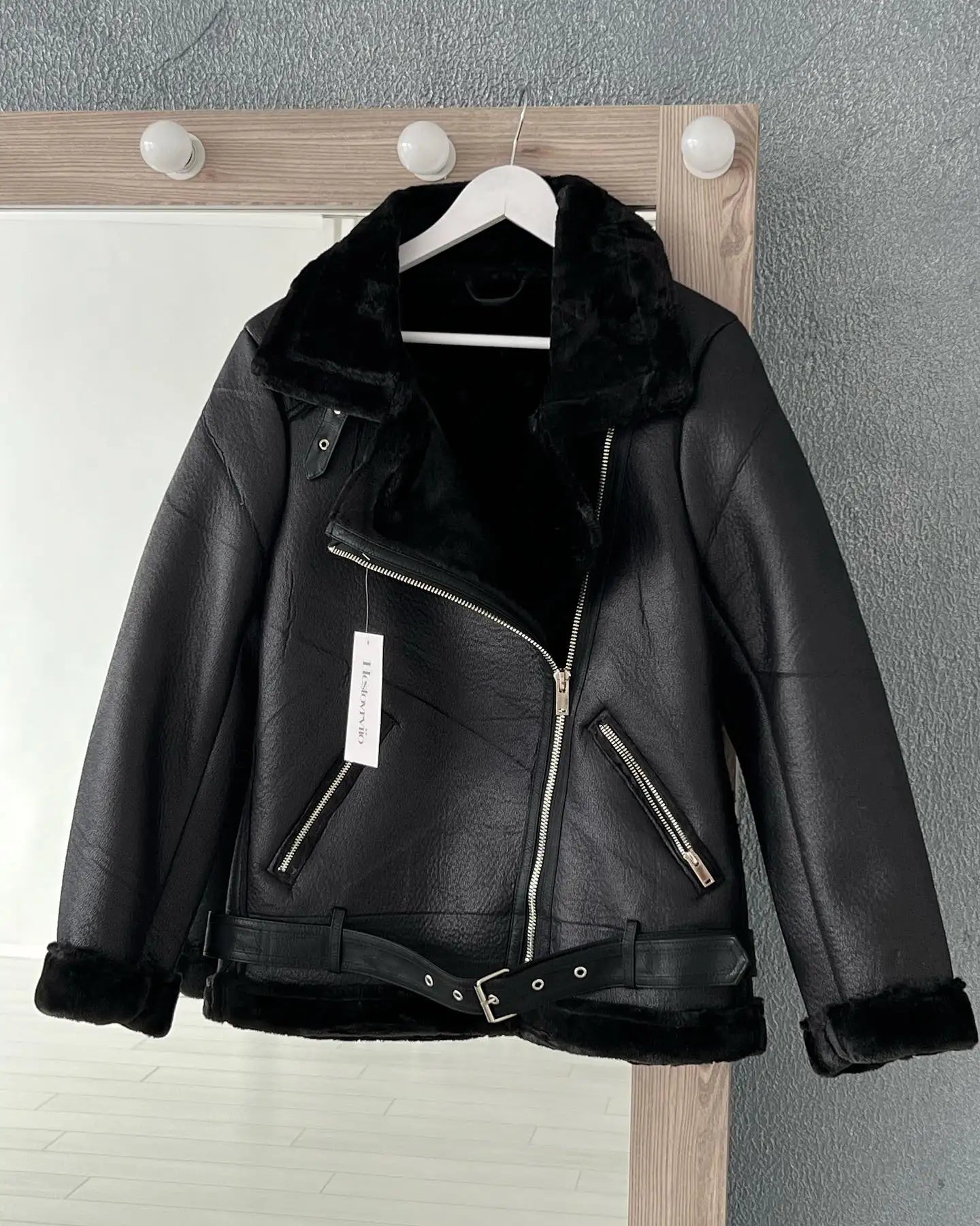 Faux Fur Jacket with Belt Streetwear Female Moto Biker Loose Thicken