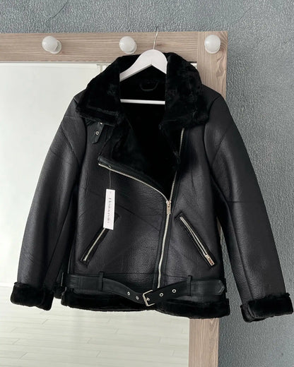 Faux Fur Jacket with Belt Streetwear Female Moto Biker Loose Thicken