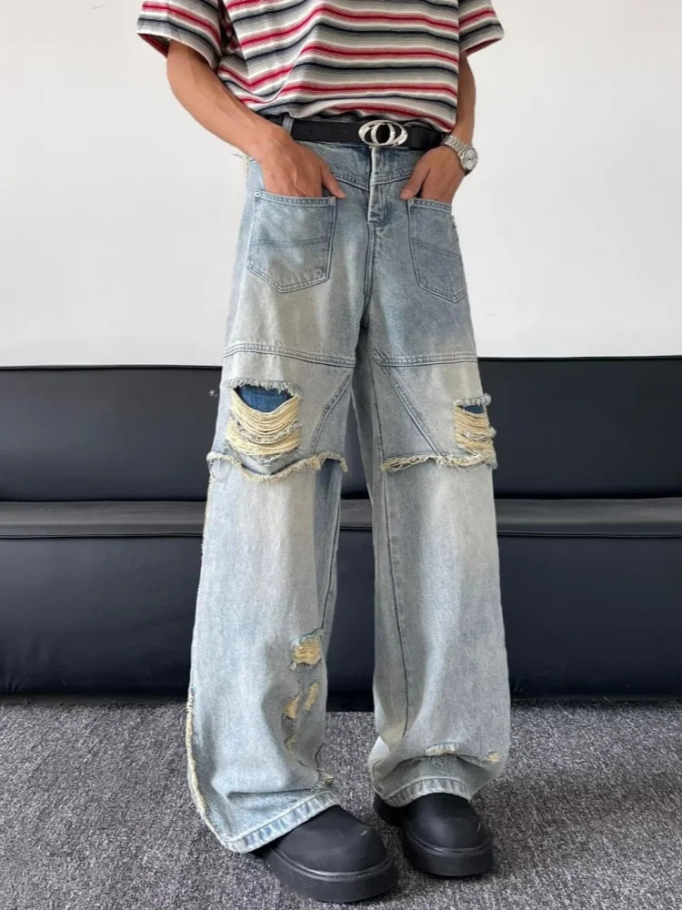 2025 Ropa Y2K Grunge Washed Blue Baggy Stacked Ripped Jeans Pants For Men Clothing Wide Leg Vintage Long Trousers Pantalon Homme
