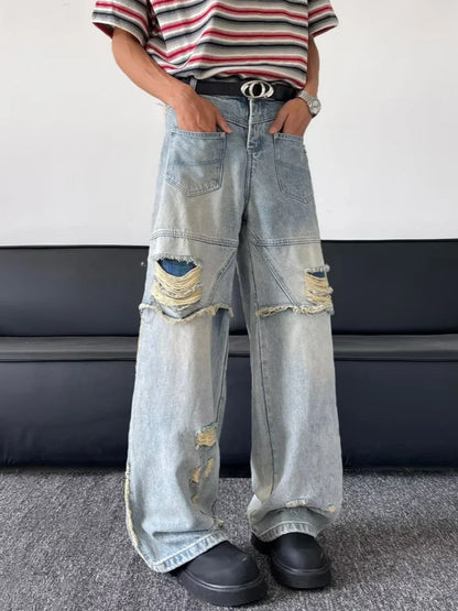 2025 Ropa Y2K Grunge Washed Blue Baggy Stacked Ripped Jeans Pants For Men Clothing Wide Leg Vintage Long Trousers Pantalon Homme