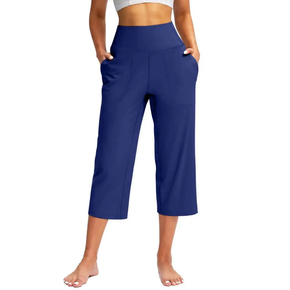 Women Elastic High Waist 3/4 Pant Casual Active Fit Wide Capris Leg Pants Trousers With Pockets Pants for Women Women’s Pants