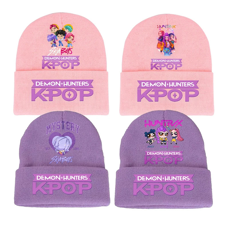 K-pop Demon Hunters Children Knit Hat Kawaii Cartoon Printed Beanie Autumn Girls Winter Outdoor Sports Warm Hat Birthday Gifts
