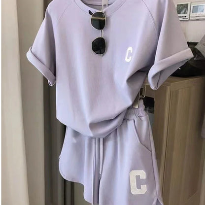 Women Tracksuit C Letter Print Short Sleeve T-shirt Drawstring Shorts Sport Suit Lady Exercise T-shirt Shorts Two-piece Suit