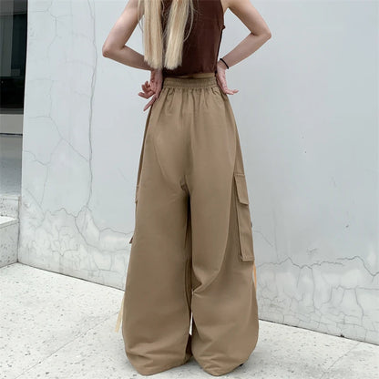 Cotton High Street Cargo Pants for Women Men with Ribbon High Waist Wide Leg Hip-hop Cool Dances Pants Ladies