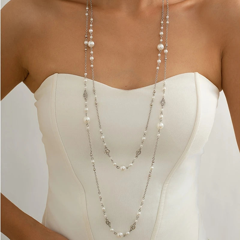 2Pcs/Set Temperament Imitation Pearl Long Chain Necklace for Women Fashion Statement Goth Sweather Link Neck Jewelry