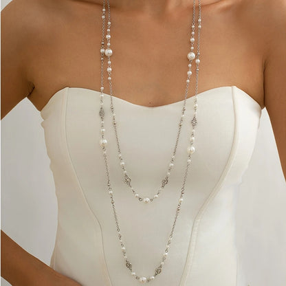 2Pcs/Set Temperament Imitation Pearl Long Chain Necklace for Women Fashion Statement Goth Sweather Link Neck Jewelry
