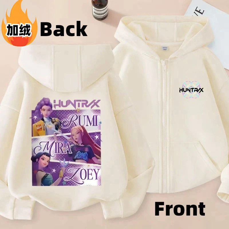 KPop Demon Hunters Rumi Mira Zoey Secondary Cartoon Printed Casual Fleece Jacket Creative Anime Peripheral All-match Hooded Top