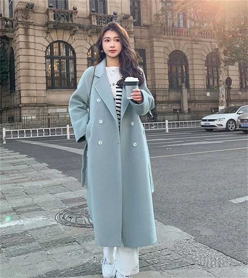 100% Wool Coat Women's Temperament Double sided Cashmere Coats with Belt Elegant Long Overcoat
