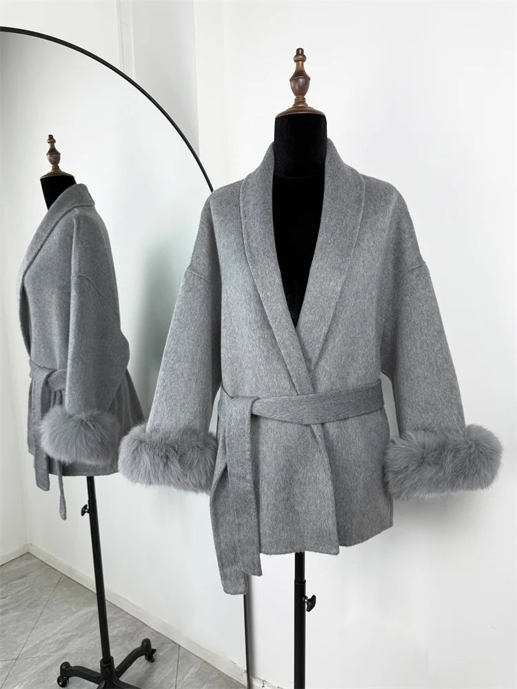 Tossy Fox Fur Wool Overcoat Women's Short Coat Office Lady Elegant Double-side Loose Wool