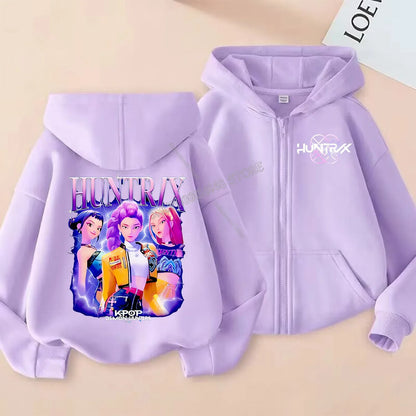 KPop Demon Hunters Zipper Hoodie Cartoon Girls Coat Fashion Thin Clothes Purple Autumn Hoodie Jacket Kids Anime Sweatshirt Gift