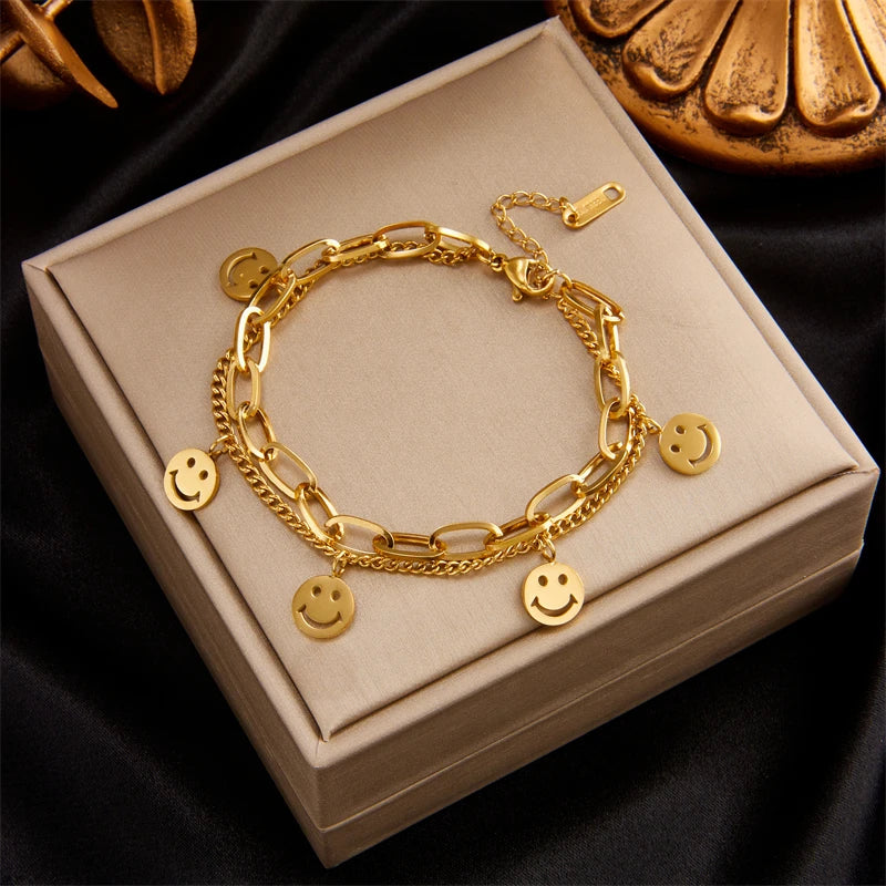 MEYRROYU 316 Stainless Steel Vintage Green Stone Heart Tassel Multilayer Charm Bracelet for Women Wedding Jewelry Beach брелок