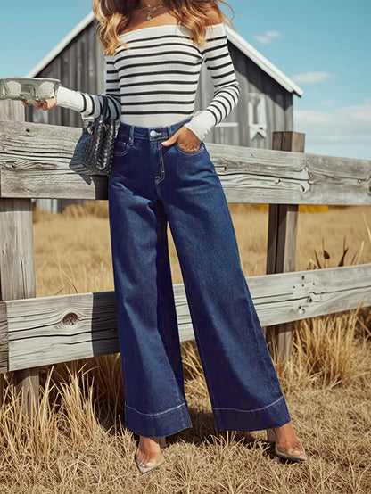 High Rise Straight Jeans - Classic dark blue washed stretch jeans with button placket, elegant and intellectual