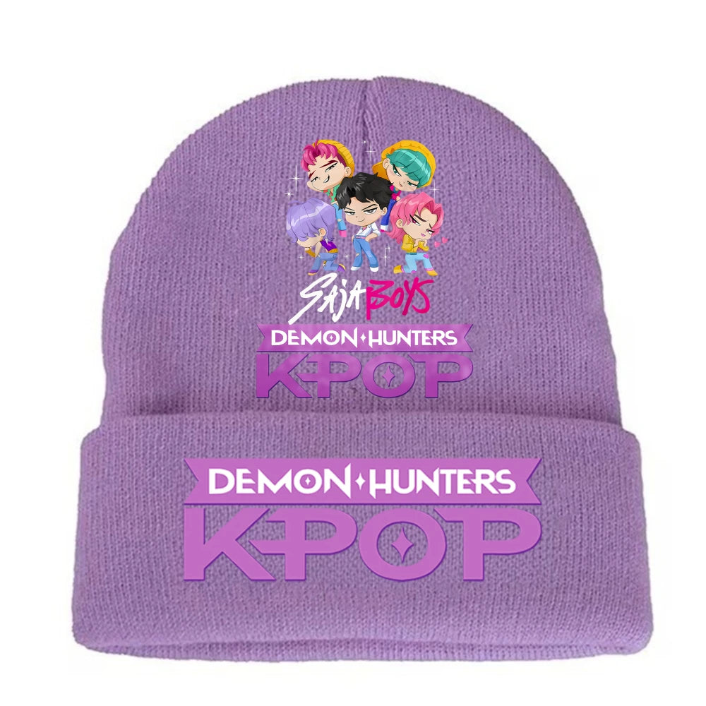 K-pop Demon Hunters Children Knit Hat Kawaii Cartoon Printed Beanie Autumn Girls Winter Outdoor Sports Warm Hat Birthday Gifts