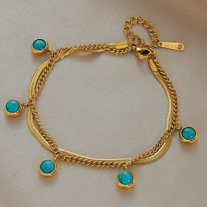 MEYRROYU 316 Stainless Steel Vintage Green Stone Heart Tassel Multilayer Charm Bracelet for Women Wedding Jewelry Beach брелок