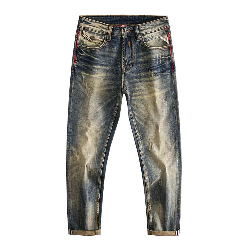 High end jeans for men, American retro nostalgic washed slim fit, small straight tube elastic autumn and winter trendy pants