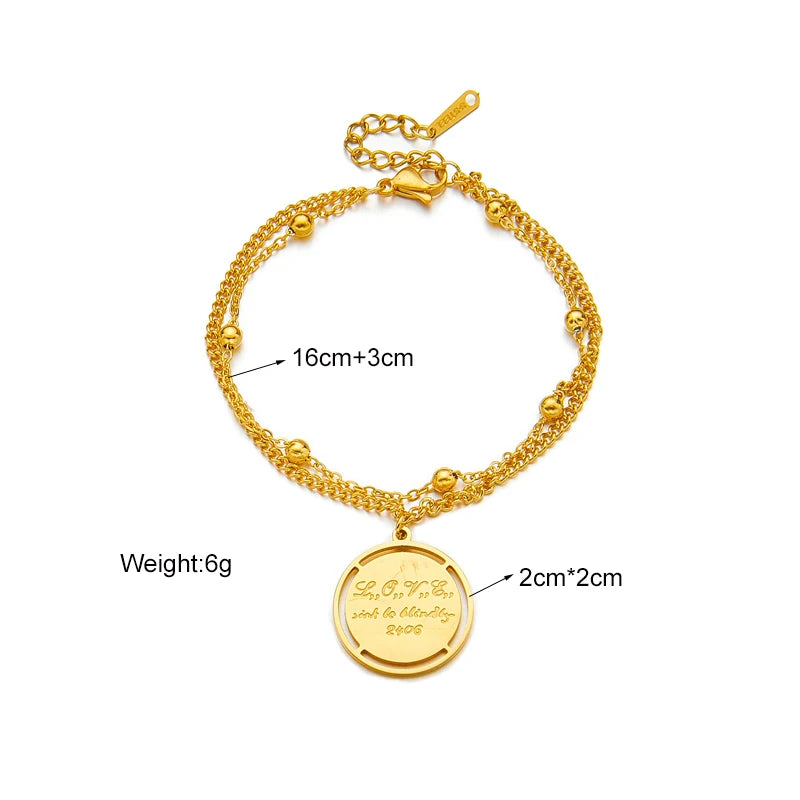 MEYRROYU 316 Stainless Steel Vintage Green Stone Heart Tassel Multilayer Charm Bracelet for Women Wedding Jewelry Beach брелок