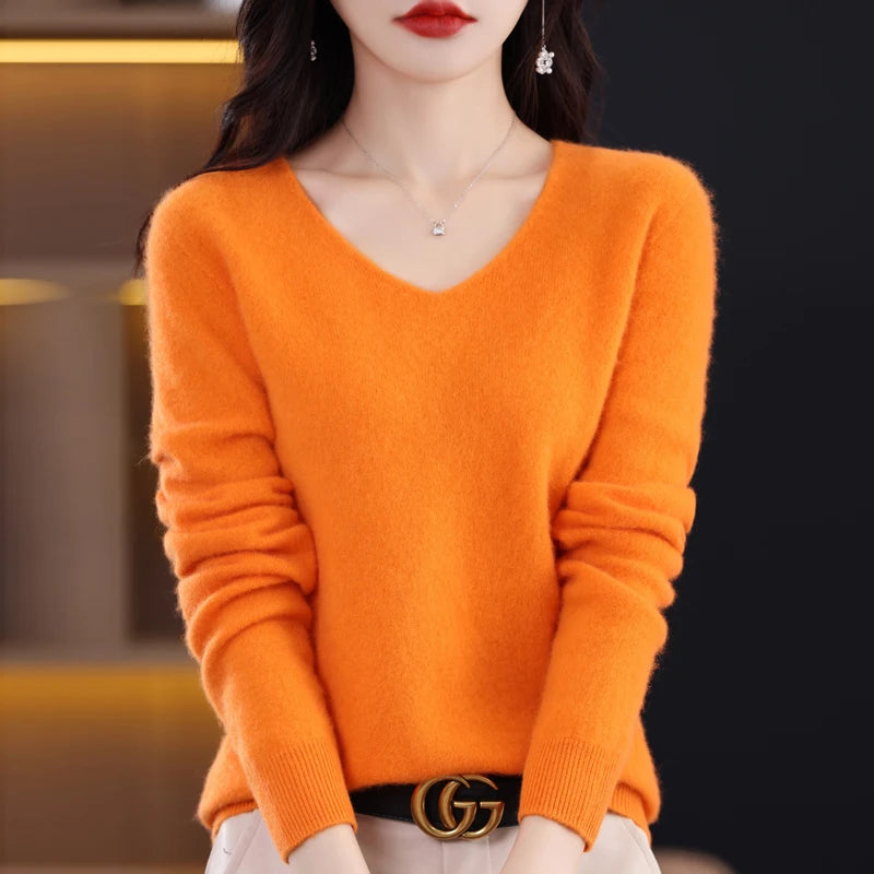 Knitted Pullover V-neck Loose Bottoming Shirt Solid